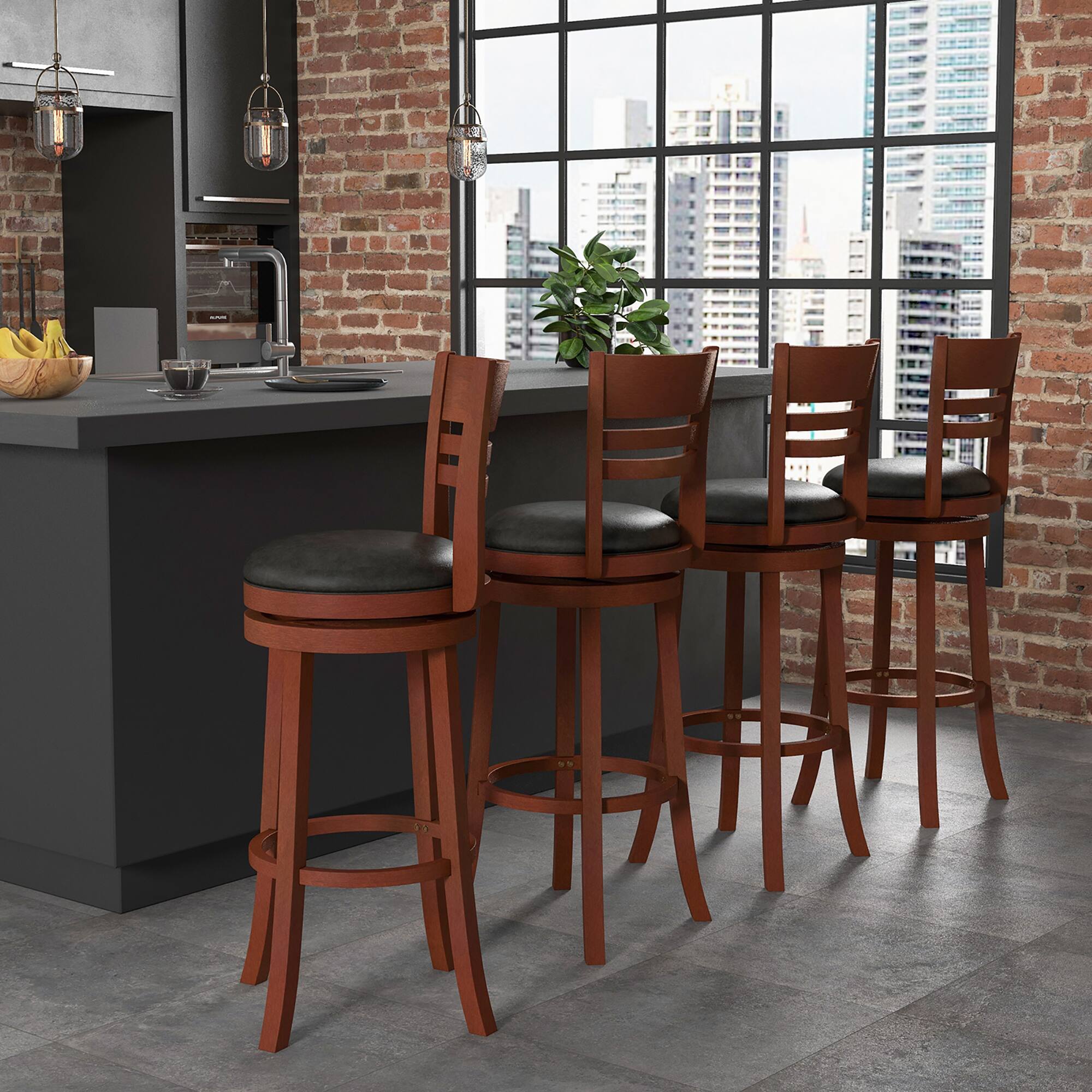 Alt View 1. Costway - Set of 4 Bar Stools Swivel Bar Height Dining Chairs with Backrests & Footrests - Black/Brown.
