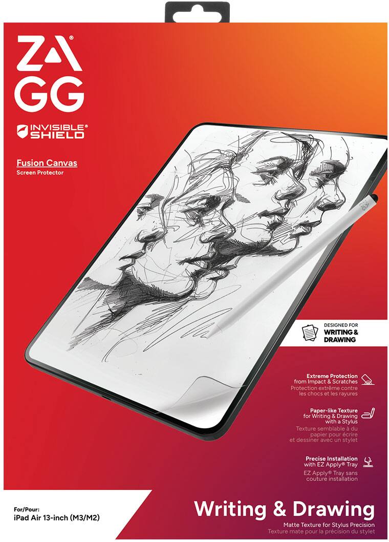 **ZAGG**

**INVISIBLE SHIELD**

**Fusion Canvas Screen Protector**

**For/Pour: iPad Air 13-inch (M3/M2)**

**DESIGNED FOR WRITING & DRAWING**

**Extreme Protection from Impact & Scratches**  
Protection extrême contre les chocs et les rayures

**Paper-like Texture for Writing & Drawing with a Stylus**  
Texture semblable du papier pour écrire et dessiner avec un stylet

**Precise Installation with EZ Apply Tray**  
EZ Apply Tray sans couture installation

**Writing & Drawing**  
Matte Texture for Stylus Precision  
Texture mate pour la précision du stylet