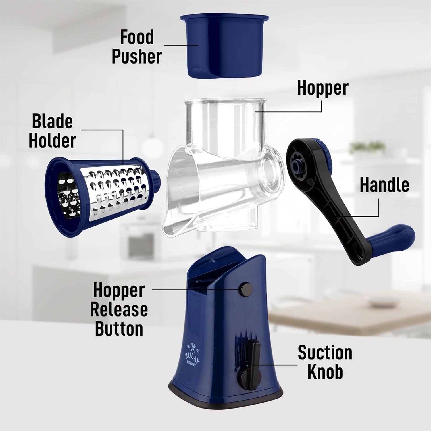 Blade Holder  
Food Pusher  
Hopper  
Handle  
Hopper Release Button  
Suction Knob