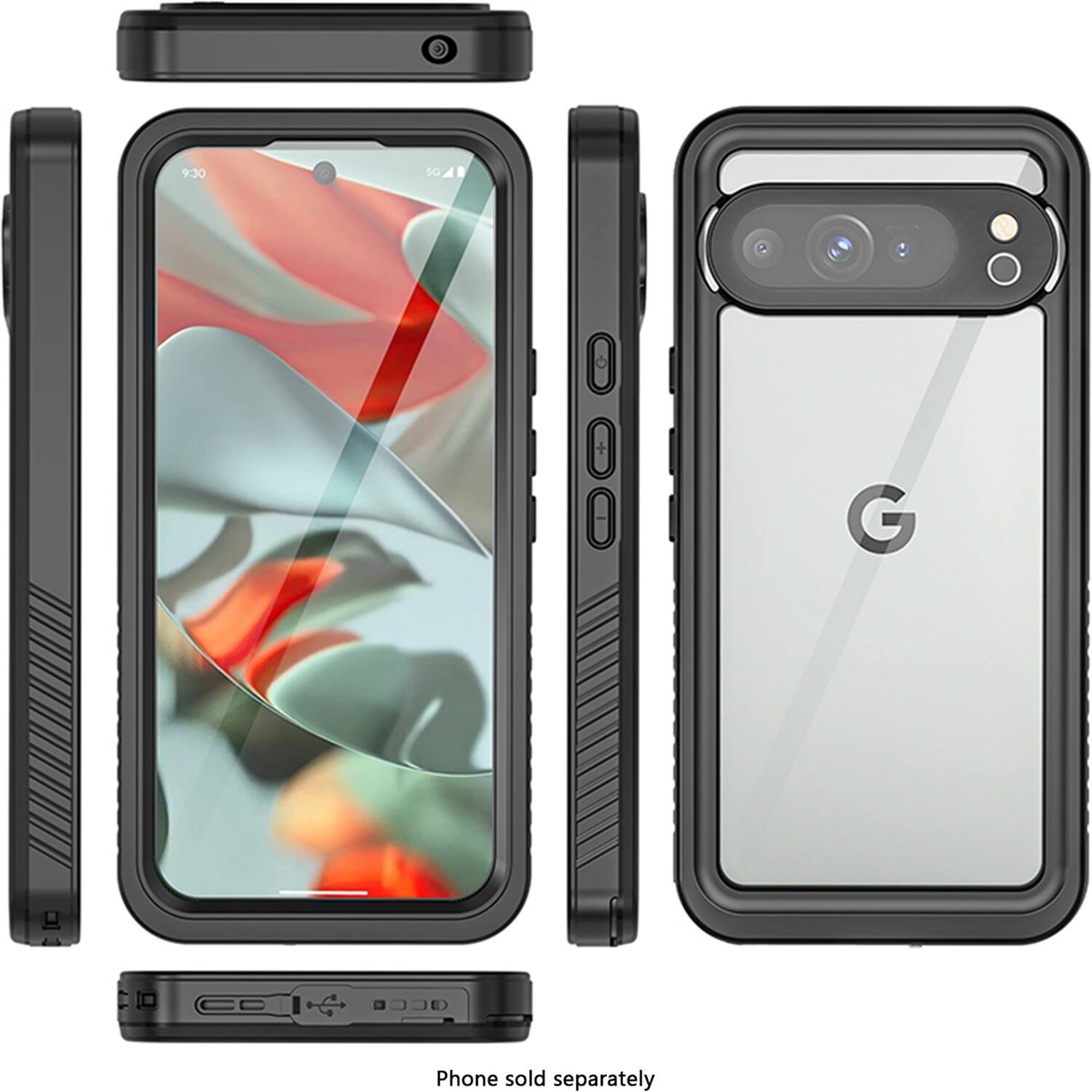 The image shows a phone case with a flower design on it. The case is made of black and grey materials, and it is designed to fit a smartphone. The case is advertised as being compatible with the Google Pixel 3a, and it is sold separately from the phone. The image also shows the back of the phone case, which features the flower design.
