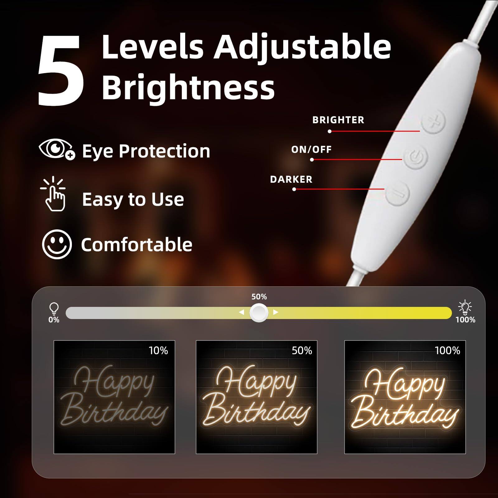 5 Levels Adjustable Brightness

- Eye Protection
- Easy to Use
- Comfortable

BRIGHTER
ON/OFF
DARKER

0% 10% 50% 100%

Happy Birthday
Happy Birthday
Happy Birthday