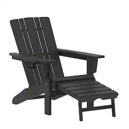 Emma + Oliver - Haley Adirondack Chair with Cup Holder and Pull Out Ottoman, All-Weather HDPE Indoor/Outdoor Lounge Chair - Black