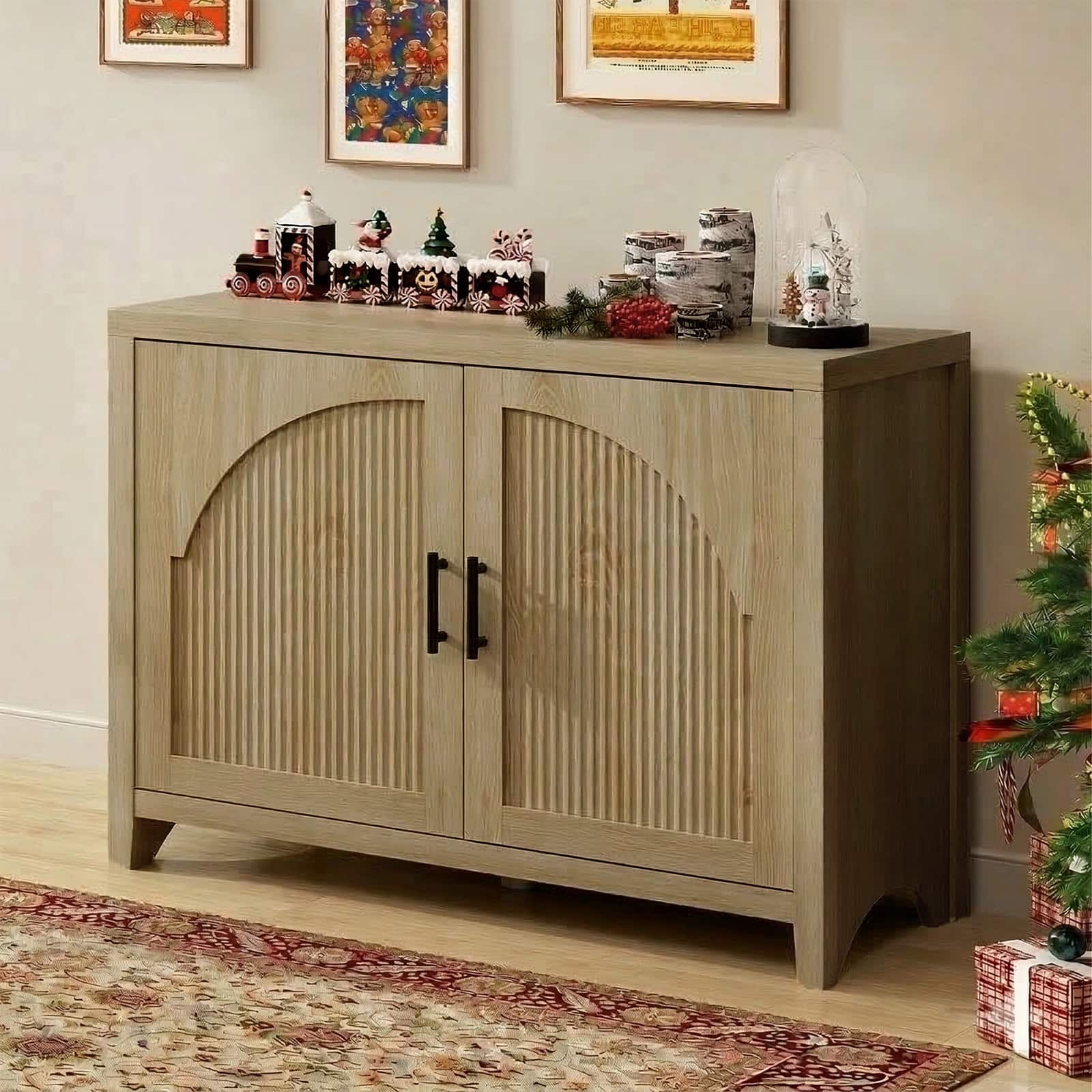 Bestier - 60" Curved Fluted TV Stand, Double Door Media Console with Adjustable Shelves & Cable Management for Living Room - Natual Oak