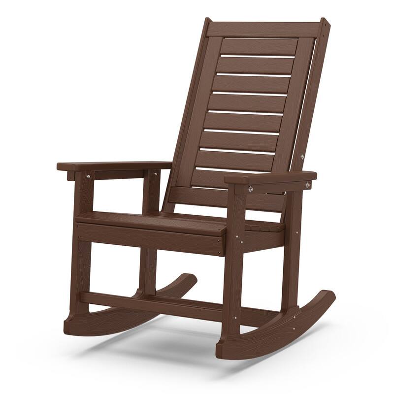 Front. FODINGHILL - Oversized HDPE Rocking Chairs with Wood Grain, High Back Porch Rockers for Patio Backyard - BrownWood.
