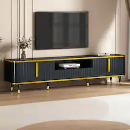 APRILSOUL - Luxury Minimalism TV Stand with Open Storage Shelf for TVs Up to 85in with Cabinets and Drawers Unique Legs Black - Gold+Black
