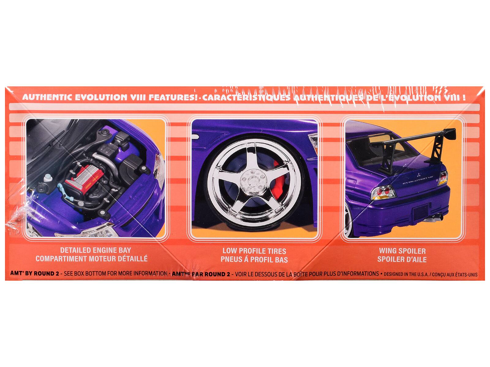 - AUTHENTIC EVOLUTION VIII FEATURES!  
  CARACTERISTIQUES AUTHENTIQUES DE L'EVOLUTION VIII!

- DETAILED ENGINE BAY  
  COMPARTIMENT MOTEUR DÉTAILLÉ

- LOW PROFILE TIRES  
  PNEUS À PROFIL BAS

- WING SPOILER  
  SPOILER D'AILE

- AMT BY ROUND 2 - SEE BOX BOTTOM FOR MORE INFORMATION  
  AMT PAR ROUND 2 - VOIR LE DESSOUS DE LA BOÎTE POUR PLUS D'INFORMATIONS

- DESIGNED IN THE U.S.A.  
  CONÇU AUX ÉTATS-UNIS