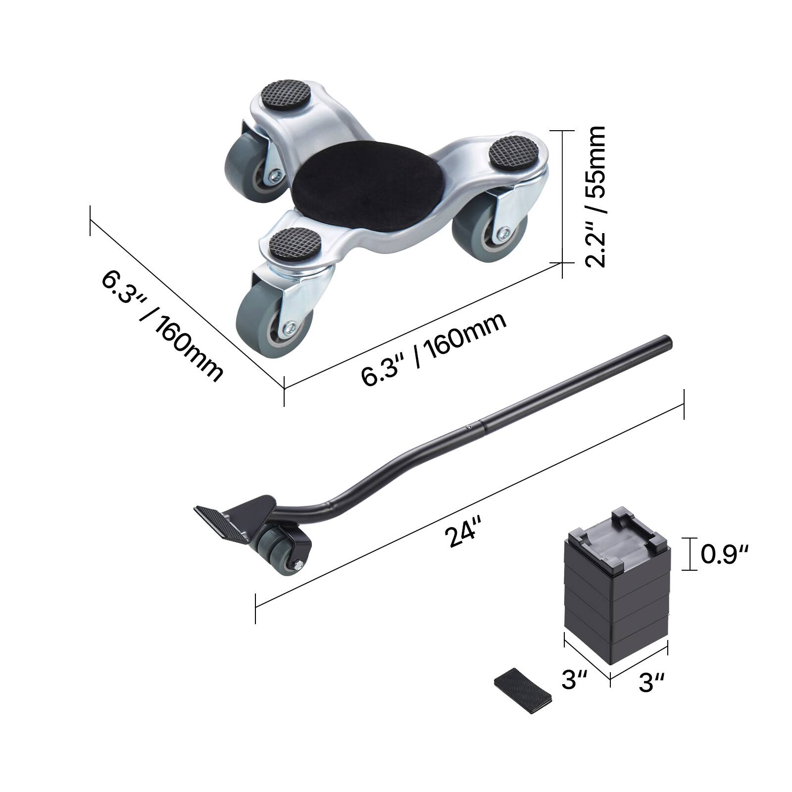 - 6.3" / 160mm
- 2.2" / 55mm
- 24"
- 0.9"
- 3" x 3"