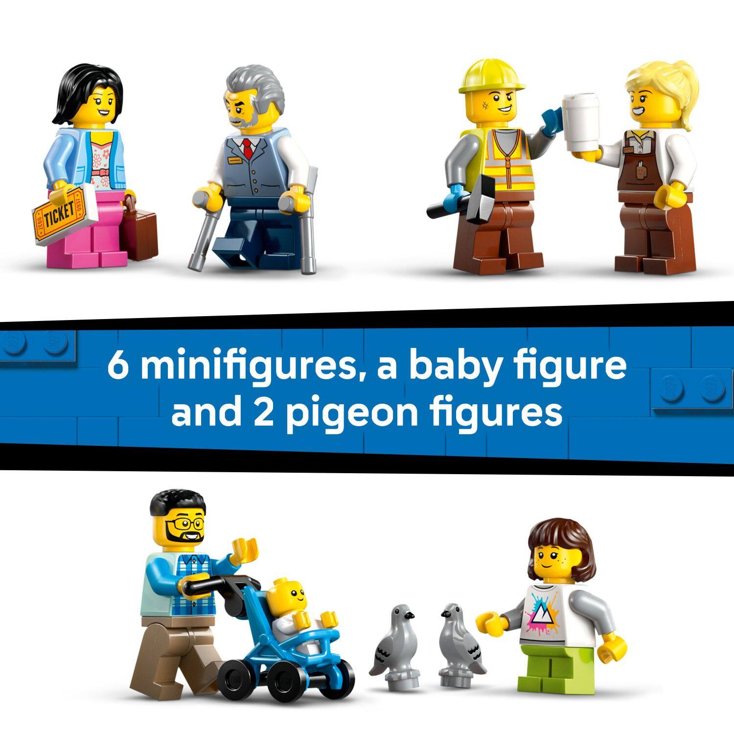 6 minifigures, a baby figure and 2 pigeon figures