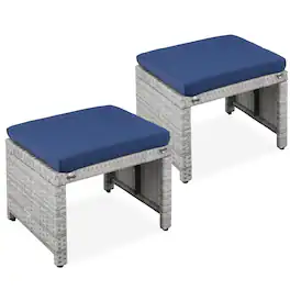 Best Choice Products - Set of 2 Multipurpose Patio Wicker Ottomans w/ Removable Cushions - Gray/Navy