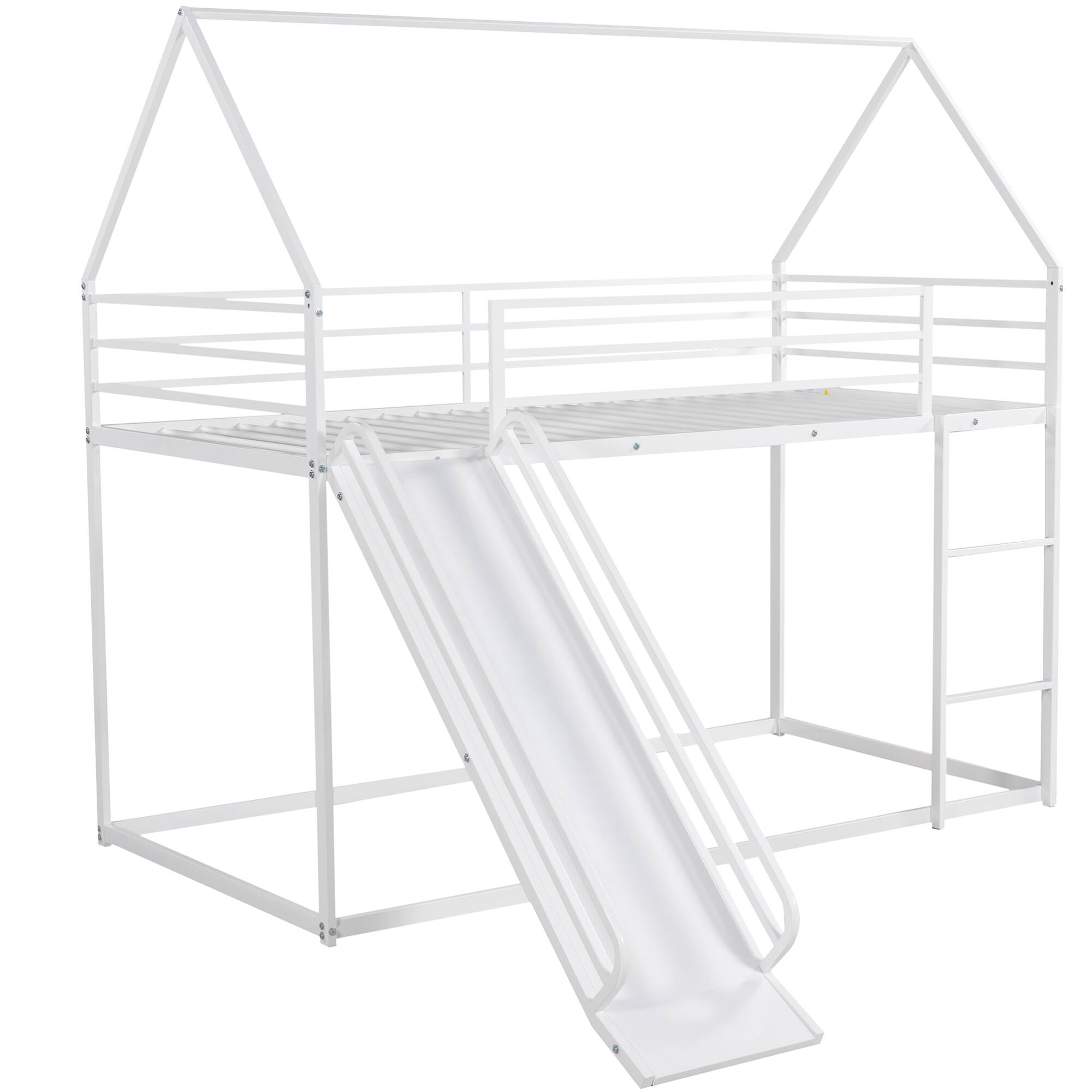 Back. GOODSILO - Twin Over Twin Playhouse Bunk Bed with Convertible Slide and Ladder for Kids - White.
