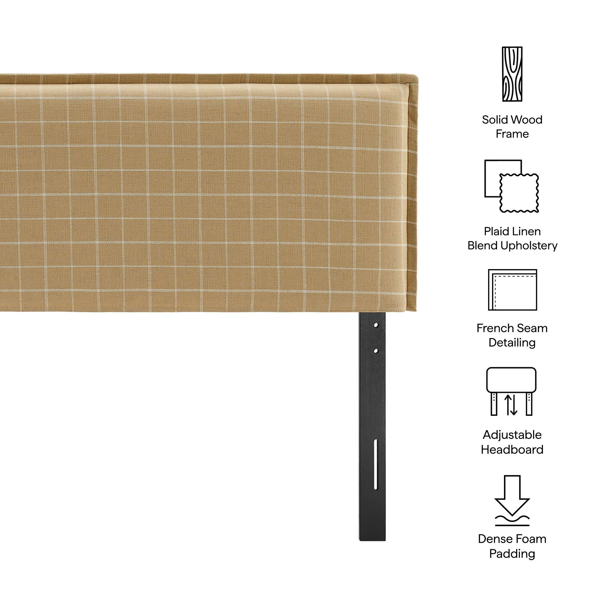 Solid Wood Frame  
Plaid Linen Blend Upholstery  
French Seam Detailing  
Adjustable Headboard  
Dense Foam Padding