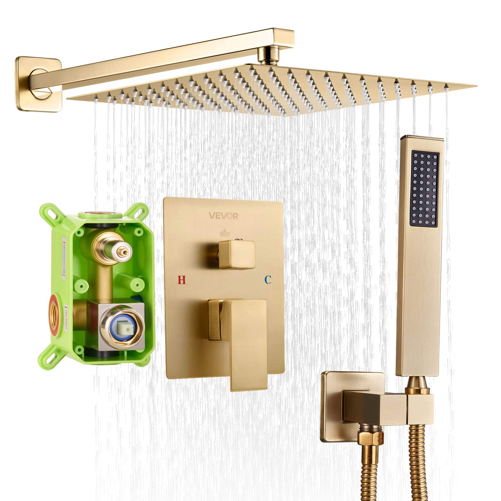 VEVOR - Shower Faucet Set, Rainfall Bathroom Shower System with 10-Inch Square Rain Shower Head and Handheld Spray - Brushed Gold