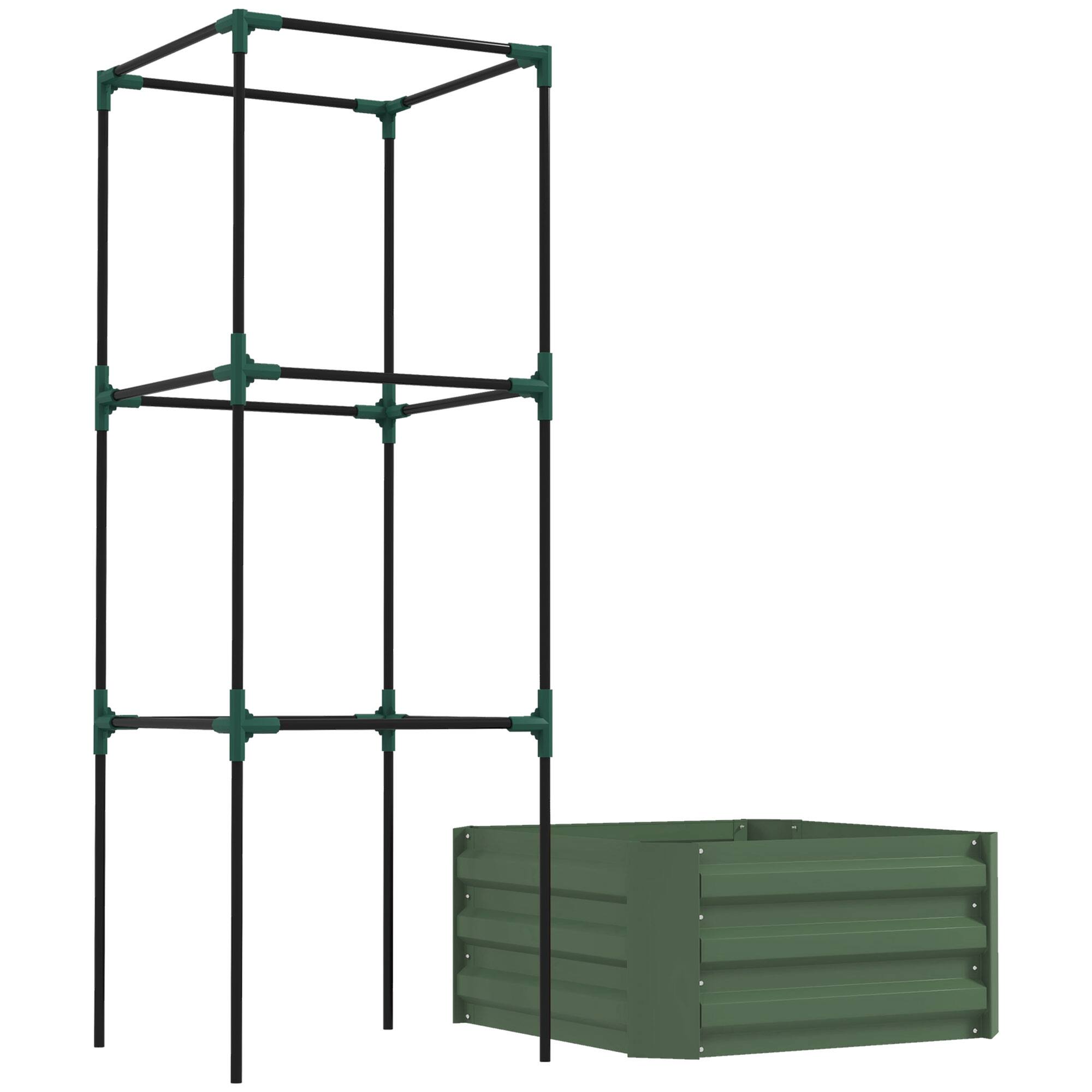 Alt View 7. Outsunny - Galvanized Raised Garden Bed, 55" Tall Outdoor Planter Box with Trellis Tomato Cage and Open Bottom for Climbing Vines - Green.