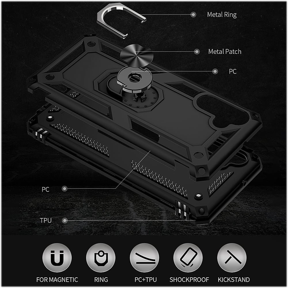 The image features a computer case with a metal ring and a metal patch. The case is designed to be shockproof and has a kickstand for added stability. The case is also equipped with a TPU, which provides additional protection for the device. The image also shows a close-up of the computer case, highlighting its features and design.