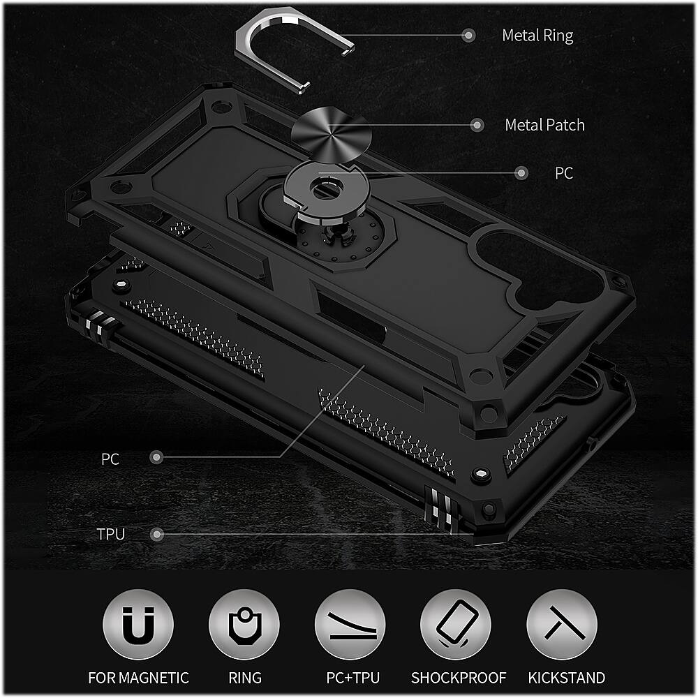 The image features a computer case with a metal ring and a metal patch. The case is designed to be shockproof and has a kickstand for added stability. The case is also equipped with a TPU, which provides additional protection for the device. The image also shows a close-up of the computer case, highlighting its features and design.