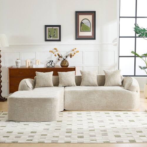 Angle. Anysun - Chenille L-Shape Compressed Sofa - High-Elastic Sponge, Curved Armrests & 4 Throw Pillows for Living Room - Khaki.