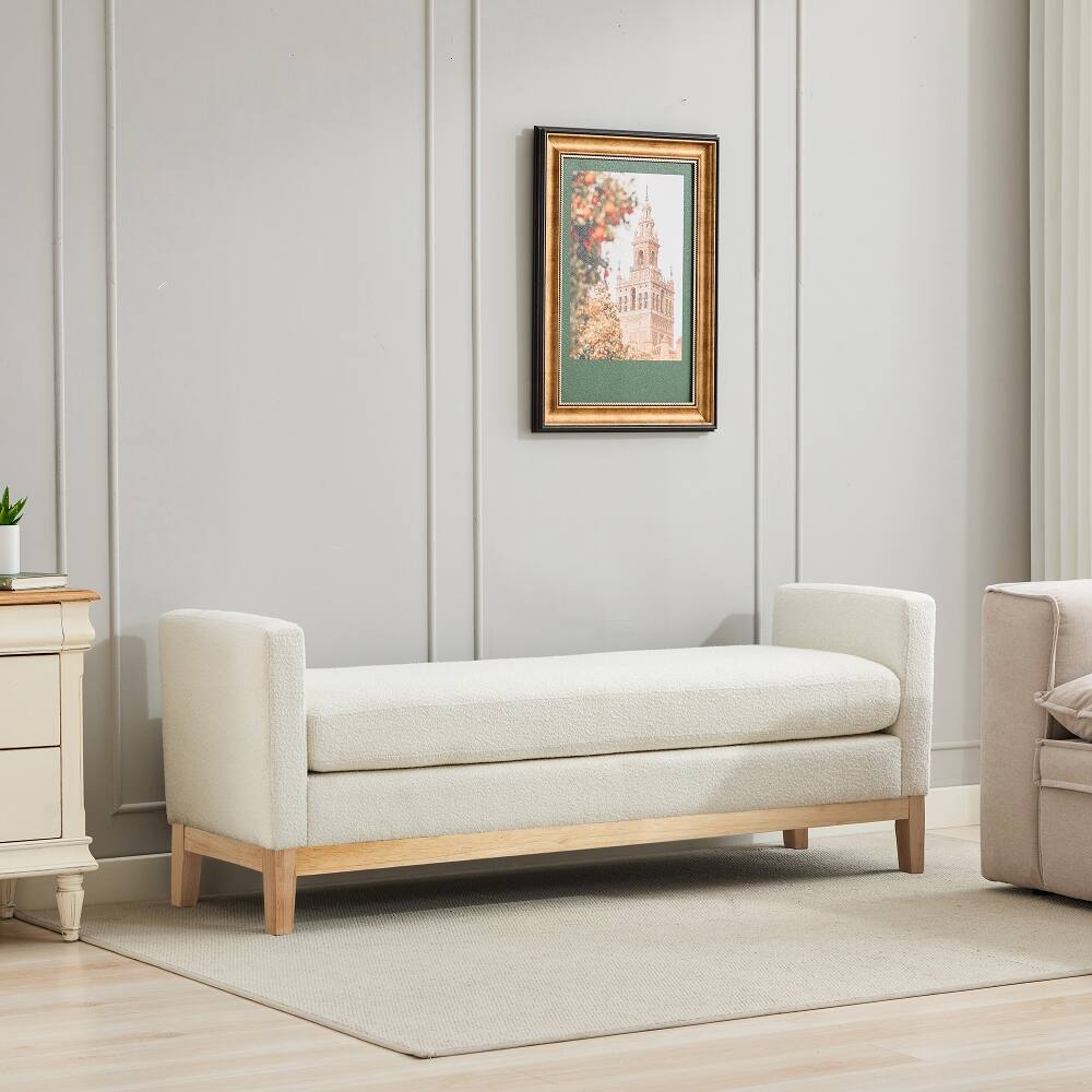 Alt View 1. Ropilly - Ropilly Ivory Boucle End of Bed Bench Upholstered Entryway Daybed with Natural Wood Frame and Bolster Pillows - Ivory.