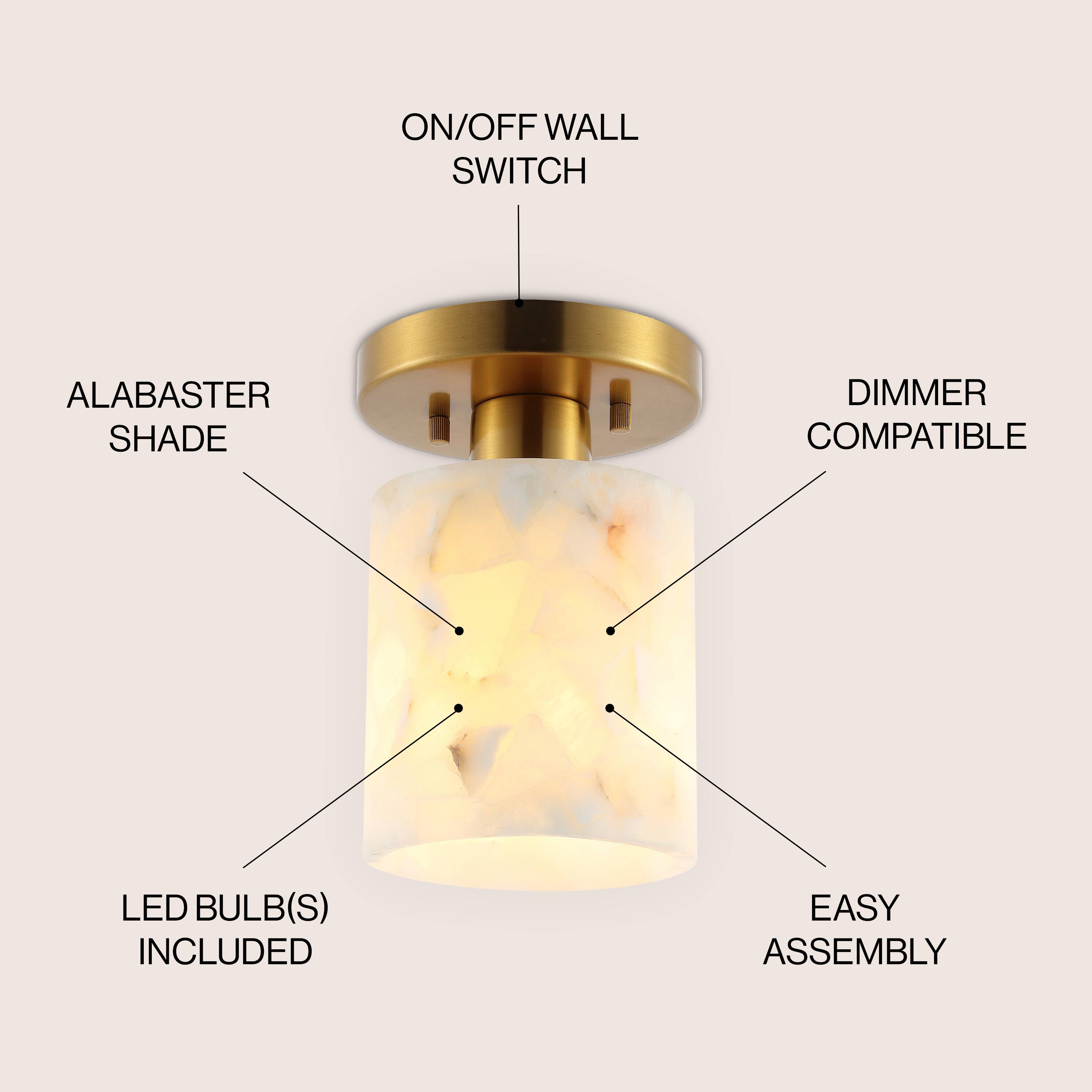 ON/OFF WALL SWITCH  
ALABASTER SHADE  
DIMMER COMPATIBLE  
LED BULB(S) INCLUDED  
EASY ASSEMBLY