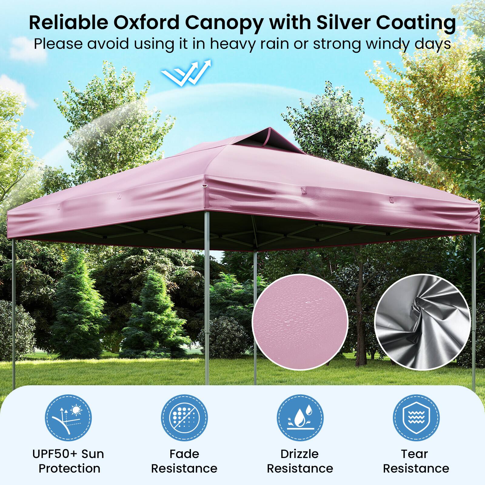 Reliable Oxford Canopy with Silver Coating
Please avoid using it in heavy rain or strong windy days
UPF50+ Sun Protection
Fade Resistance
Drizzle Resistance
Tear Resistance