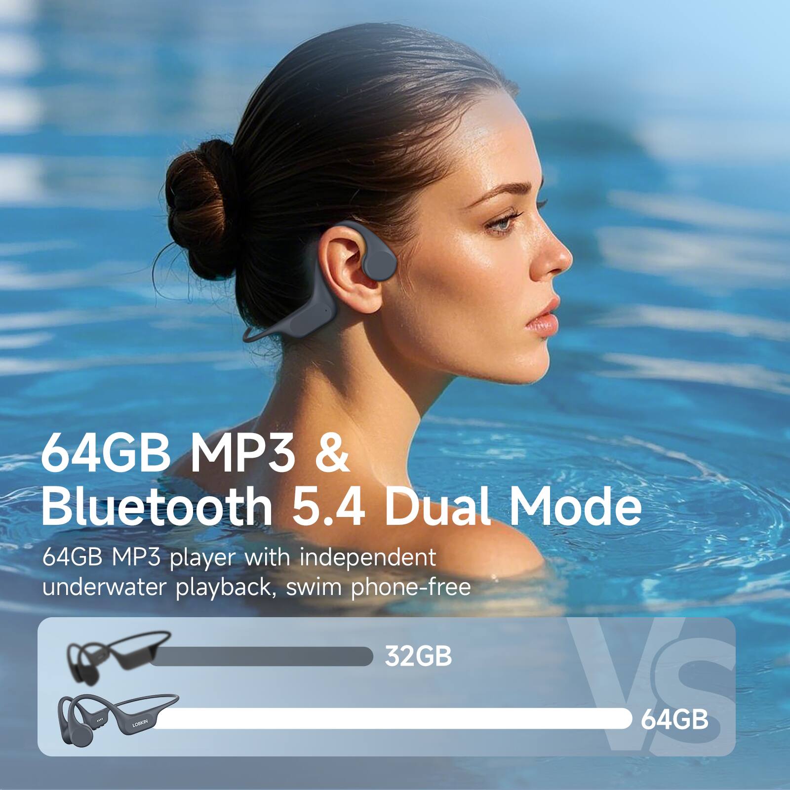 64GB MP3 & Bluetooth 5.4 Dual Mode

64GB MP3 player with independent underwater playback, swim phone-free

32GB VS 64GB