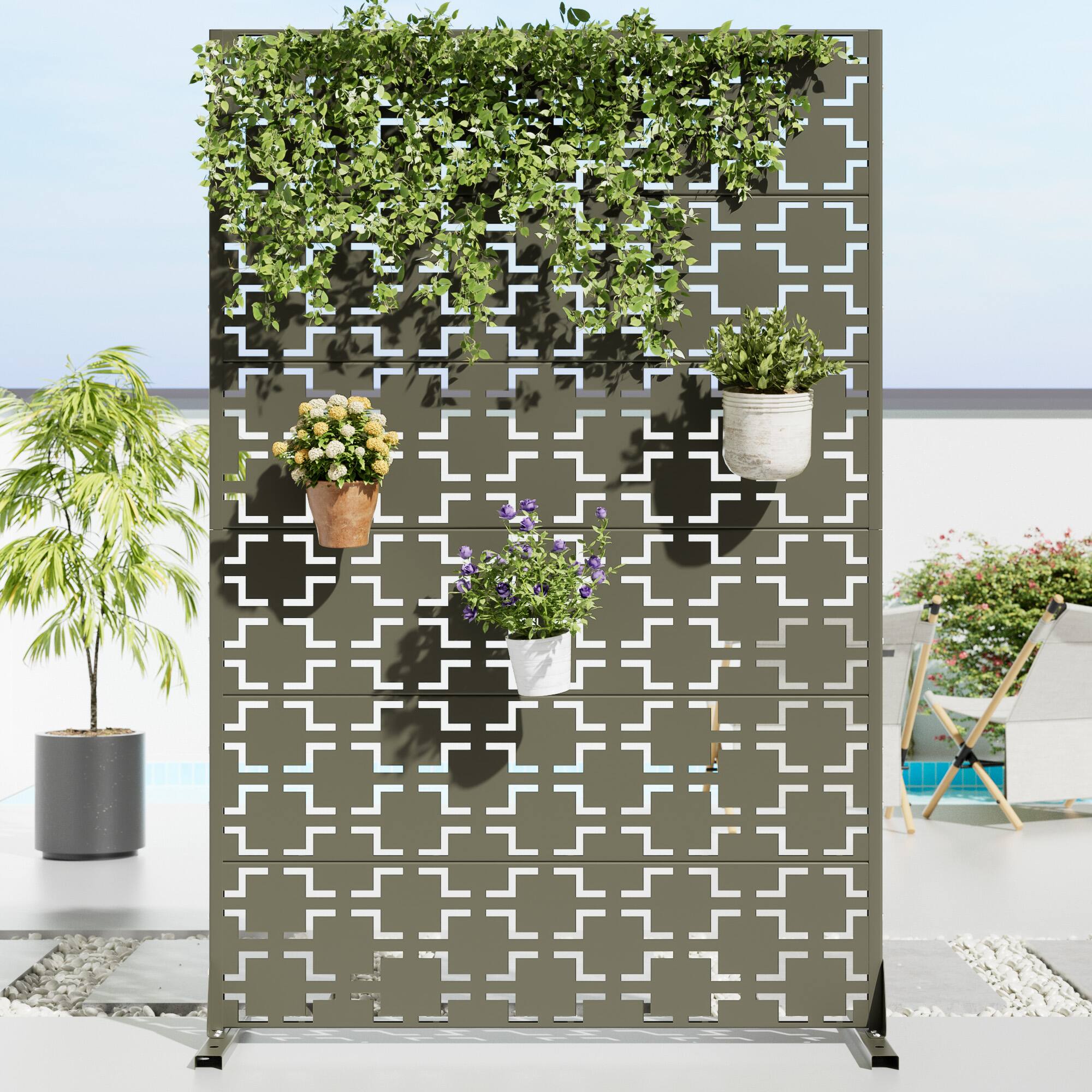 Alt View 1. PexFix - 72 in. x 47 in. Square Pattern Metal Outdoor Privacy Screen & Panels, Freestanding Garden Divider Fence - Olive Gray.