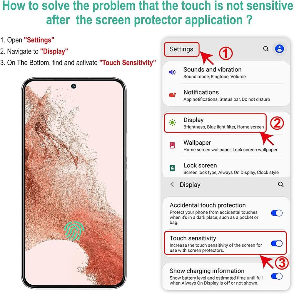 How to solve the problem that the touch is not sensitive after the screen protector application?

1. Open "Settings"
2. Navigate to "Display"
3. On the bottom, find and activate "Touch Sensitivity"

- Sounds and vibration
  - Sound mode, Ringtone, Volume
- Notifications
  - App notifications, Status bar, Do not disturb
- Display
  - Brightness, Blue light filter, Home screen
- Wallpaper
  - Home screen wallpaper, Lock screen wallpaper
- Lock screen
  - Screen lock type, Always On Display, Clock style

- Accidental touch protection
  - Protect your phone from accidental touches when it's in a dark place, such as a pocket or bag.
- Touch sensitivity
  - Increase the touch sensitivity of the screen for use with screen protectors.
- Show charging information
  - Show battery level and estimated time until full when Always On Display is off or not shown.