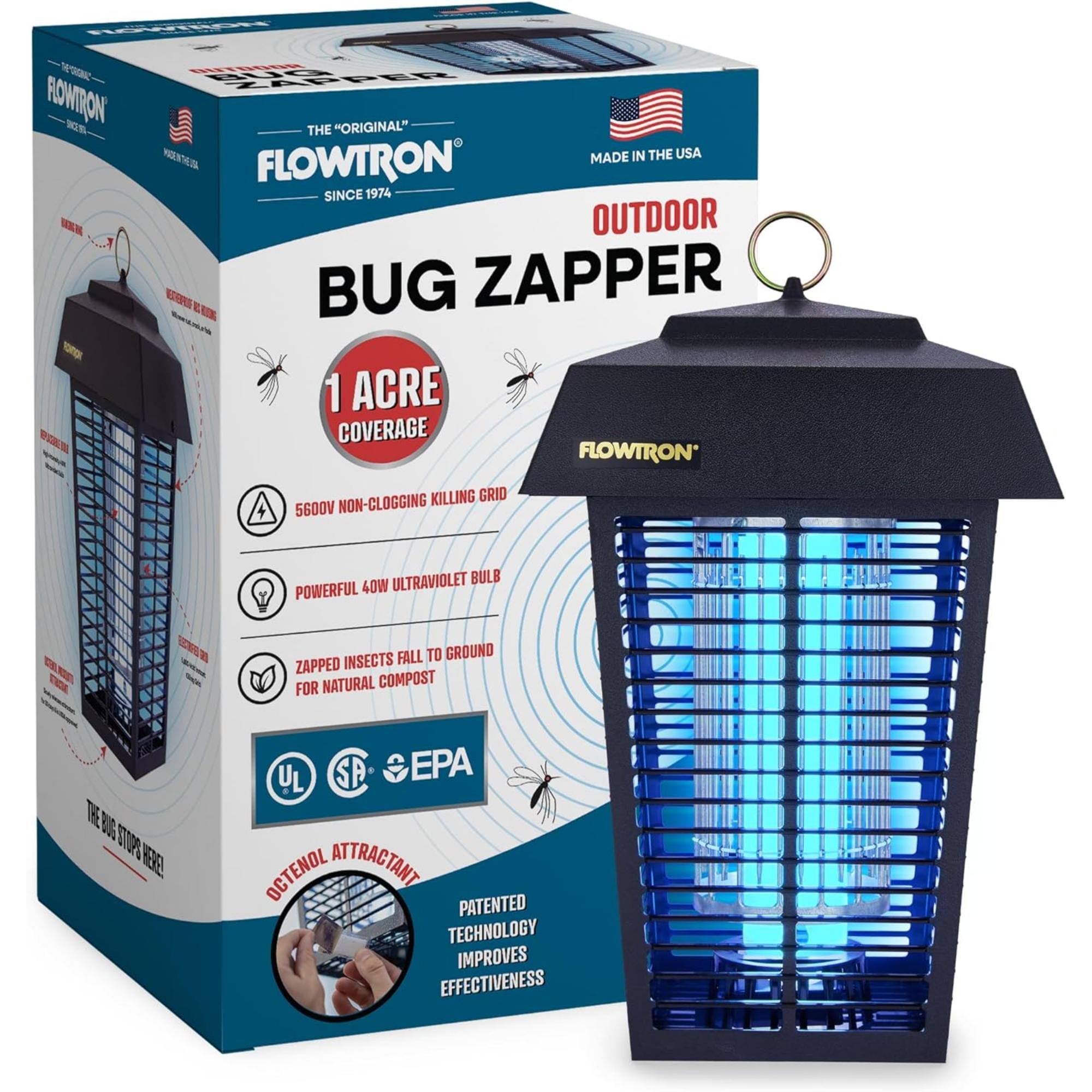 FLOWTRON 1 ACRE COVERAGE THE "ORIGINAL" SINCE 1974 MADE IN THE USA OUTDOOR BUG ZAPPER FLOWTRON KILLING GRID 5600V NON-CLOGGING ULTRAVIOLET BULB POWERFUL 40W INSECTS FALL TO GROUND ZAPPED FOR NATURAL COMPOST UL SP EPA OCTENOL ATTRACTANT PATENTED TECHNOLOGY IMPROVES EFFECTIVENESS