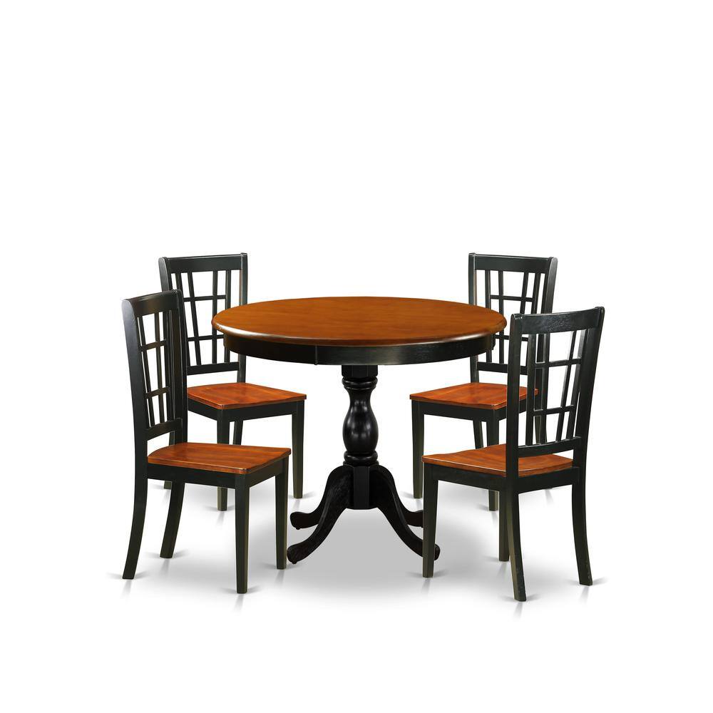 East West Furniture - 5-Piece Dining Room Set Include a Wood Table and 4 Dining Chairs with Slatted Back - Black Finish - Multi-Color