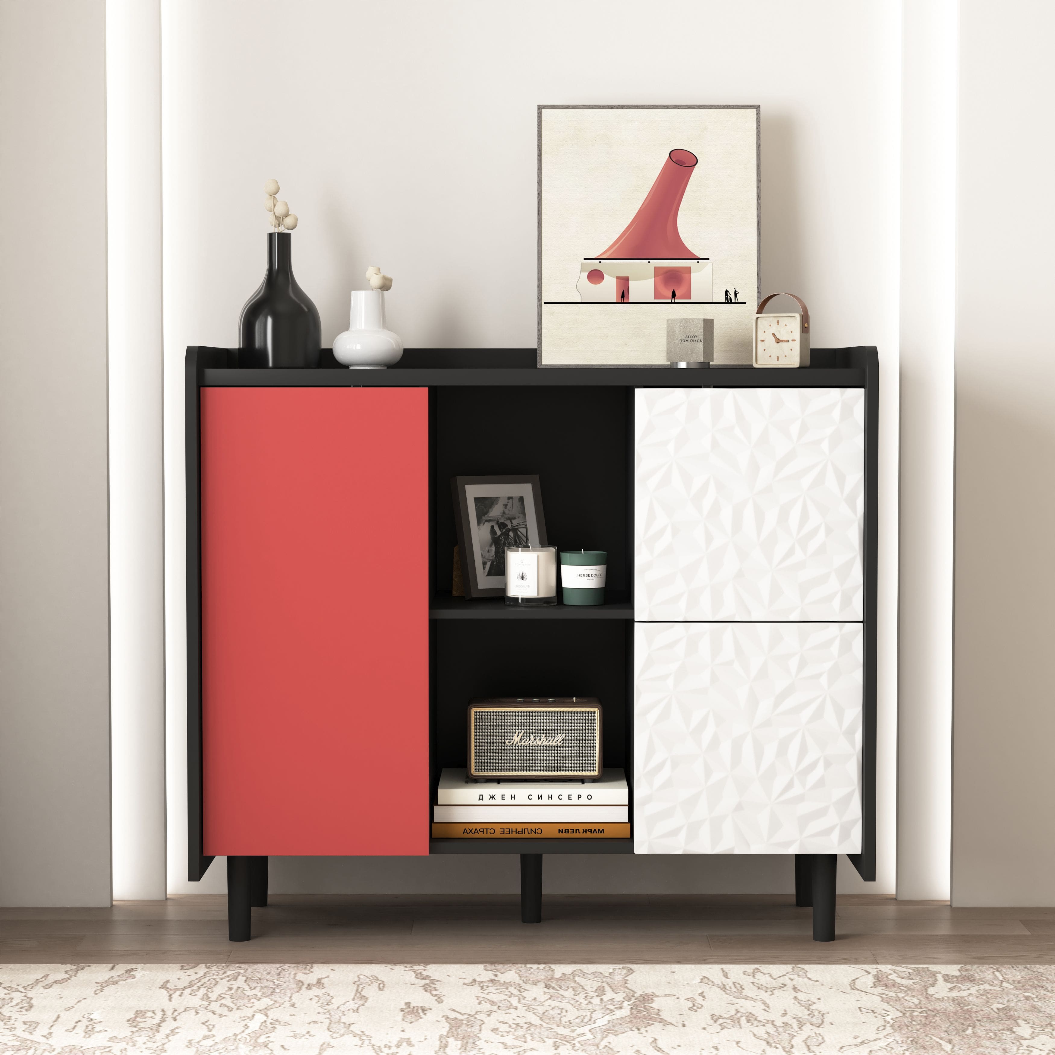 Mirfee - Sideboard Buffet Cabinet with Red Doors, 2 Drawers, Open Storage, for Kitchen Dining - Black+Red
