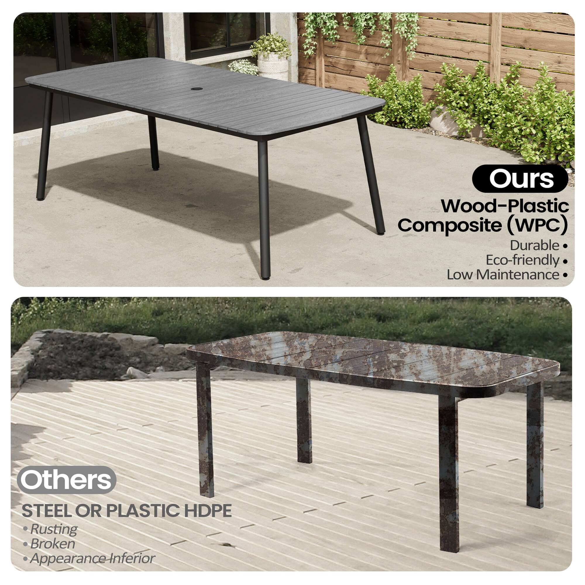 **Ours**

Wood-Plastic Composite (WPC)

- Durable
- Eco-friendly
- Low Maintenance

**Others**

STEEL OR PLASTIC HDPE

- Rusting
- Broken
- Appearance Inferior