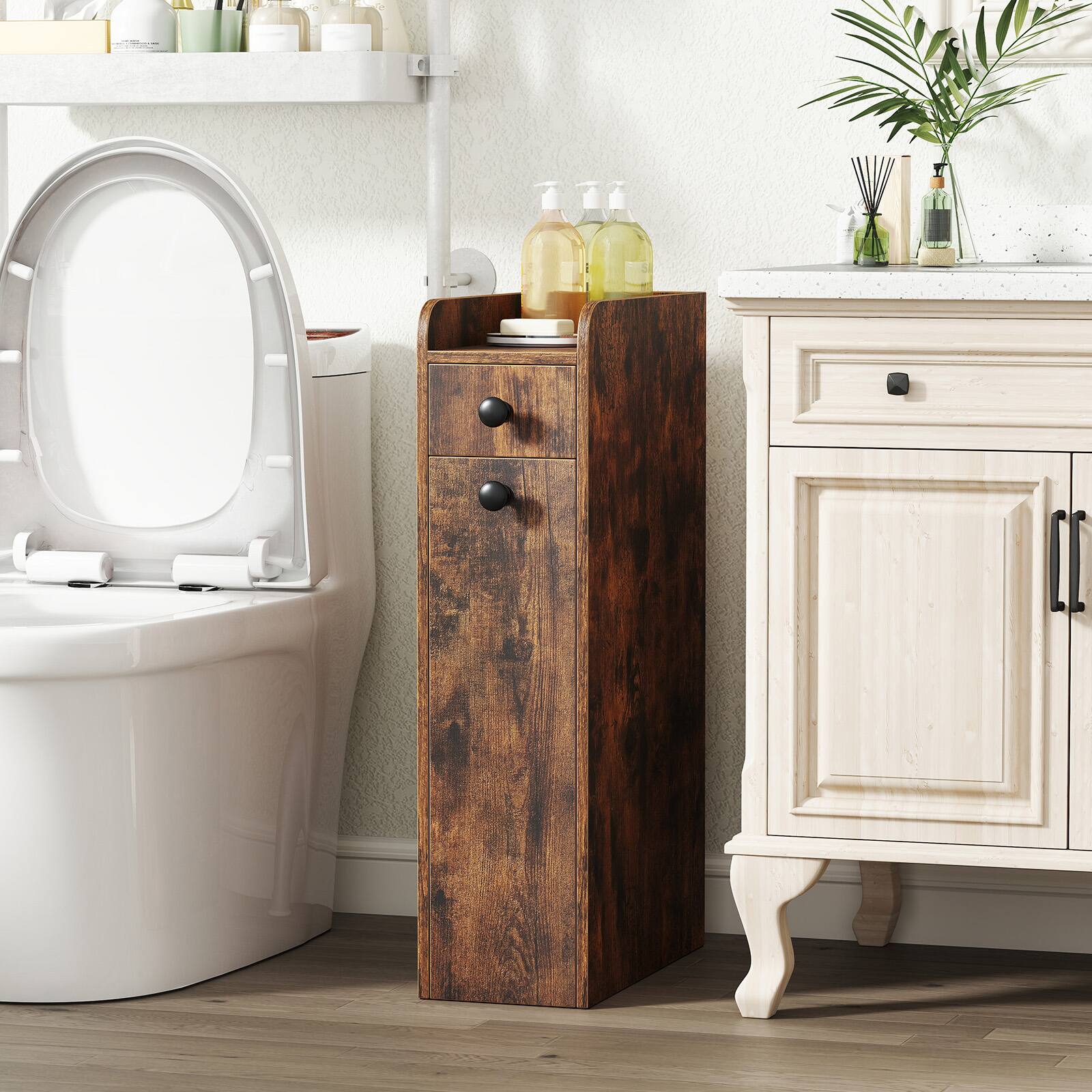 Alt View 3. Costway - Costway Slim Bathroom Storage Cabinet with Slide Out Drawer Spacious Top Rolling Wheels - Rustic Brown.