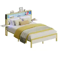 Bestier Queen Bed Frame with Headboard Foldable Shelves LED Lighting Charging Station Non-Slip Metal - White - Front_Zoom