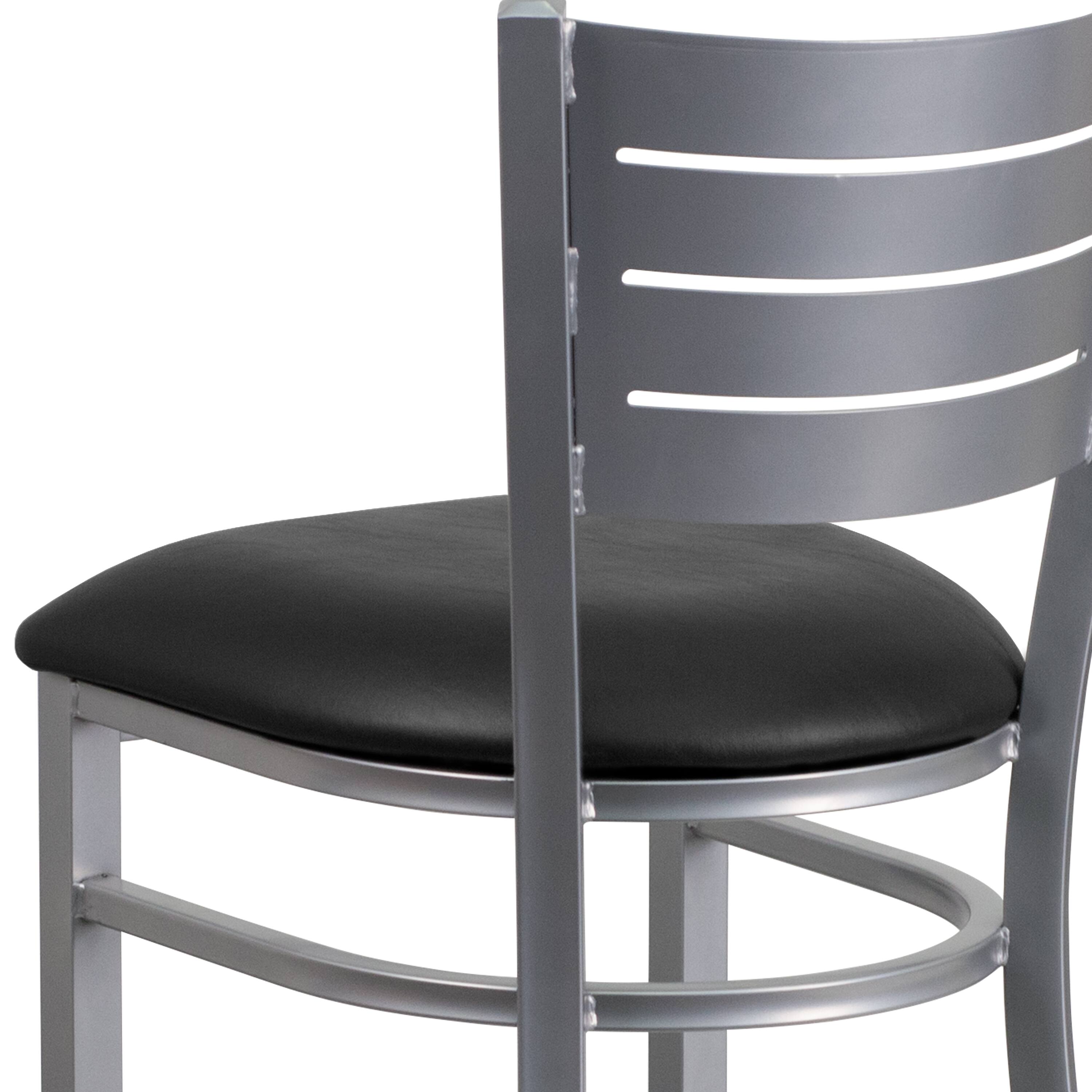 Alt View 8. Emma + Oliver - Silver Slat Back Metal Restaurant Dining Barstool - Black Vinyl Seat/Silver Frame.