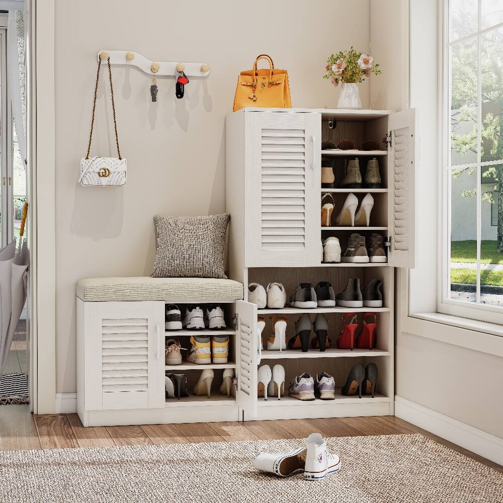 Angle. Loheer - Loheer multi functional shoe storage cabinet, Ancient White Entryway Organizer with Cushion Bench, Holds 30 Pairs - Ancient White.