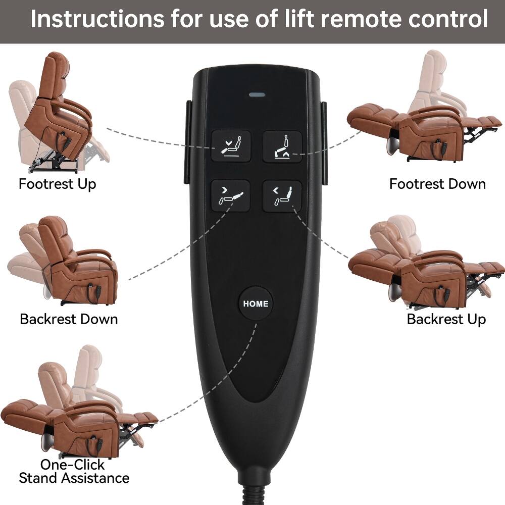 Instructions for use of lift remote control

- Footrest Up
- Footrest Down
- Backrest Down
- HOME
- Backrest Up
- One-Click Stand Assistance