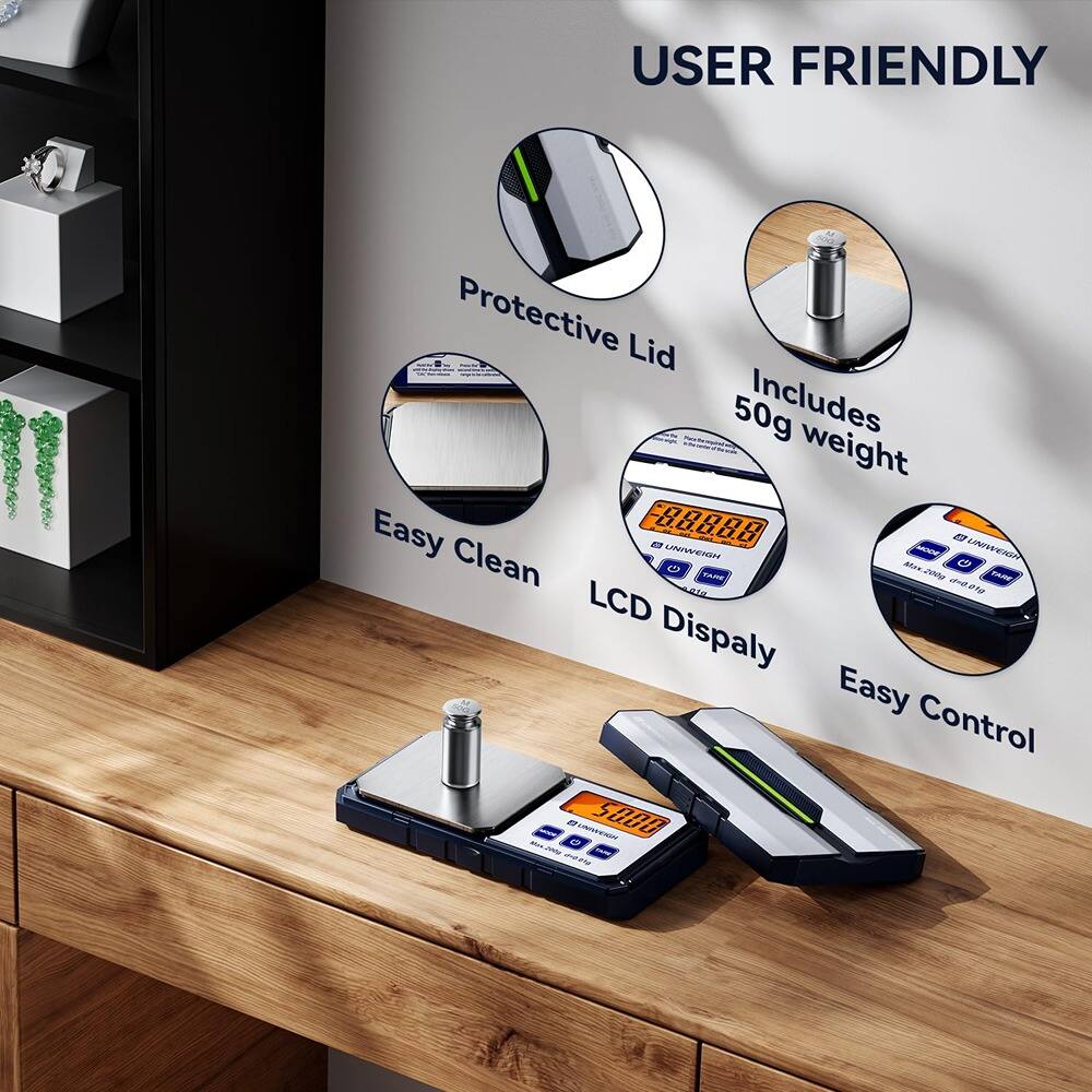 USER FRIENDLY  
- Protective Lid  
- Includes 50g weight  
- Easy Clean  
- LCD Display  
- Easy Control