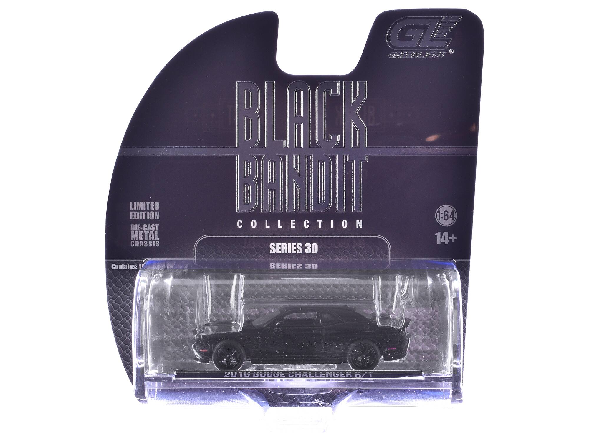 LIMITED EDITION  
DIE-CAST METAL CHASSIS  
BLACK BANDIT  
COLLECTION  
SERIES 30  
1:64  
14+  

Contains:  
1 SERIES 30  
2016 DODGE CHALLENGER R/T