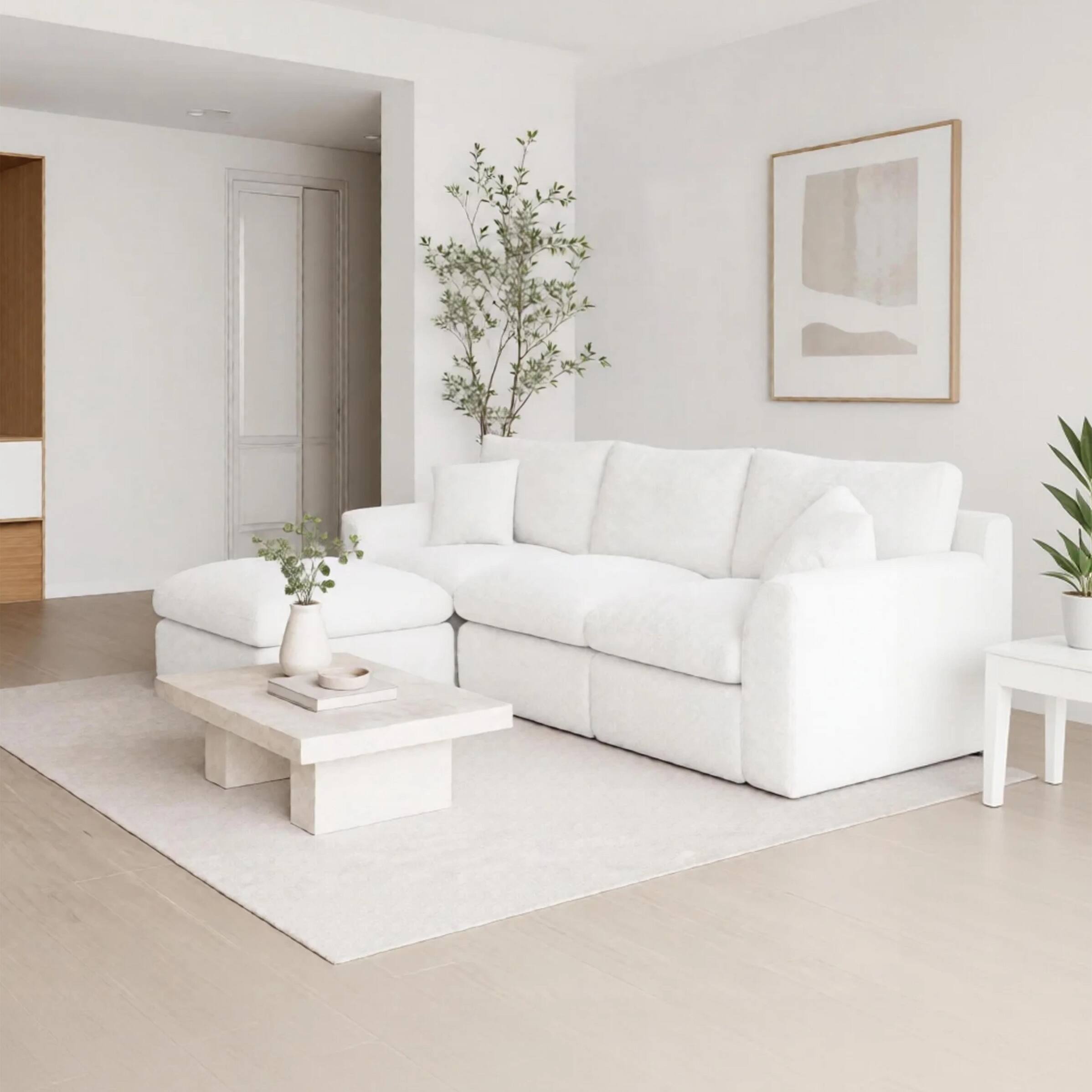 Left. Anysun - Chenille Compressed Freely Combinable Frame-Free Modular Sectional Sofa, Foam Without Springs, Ottoman Included - Milk White.
