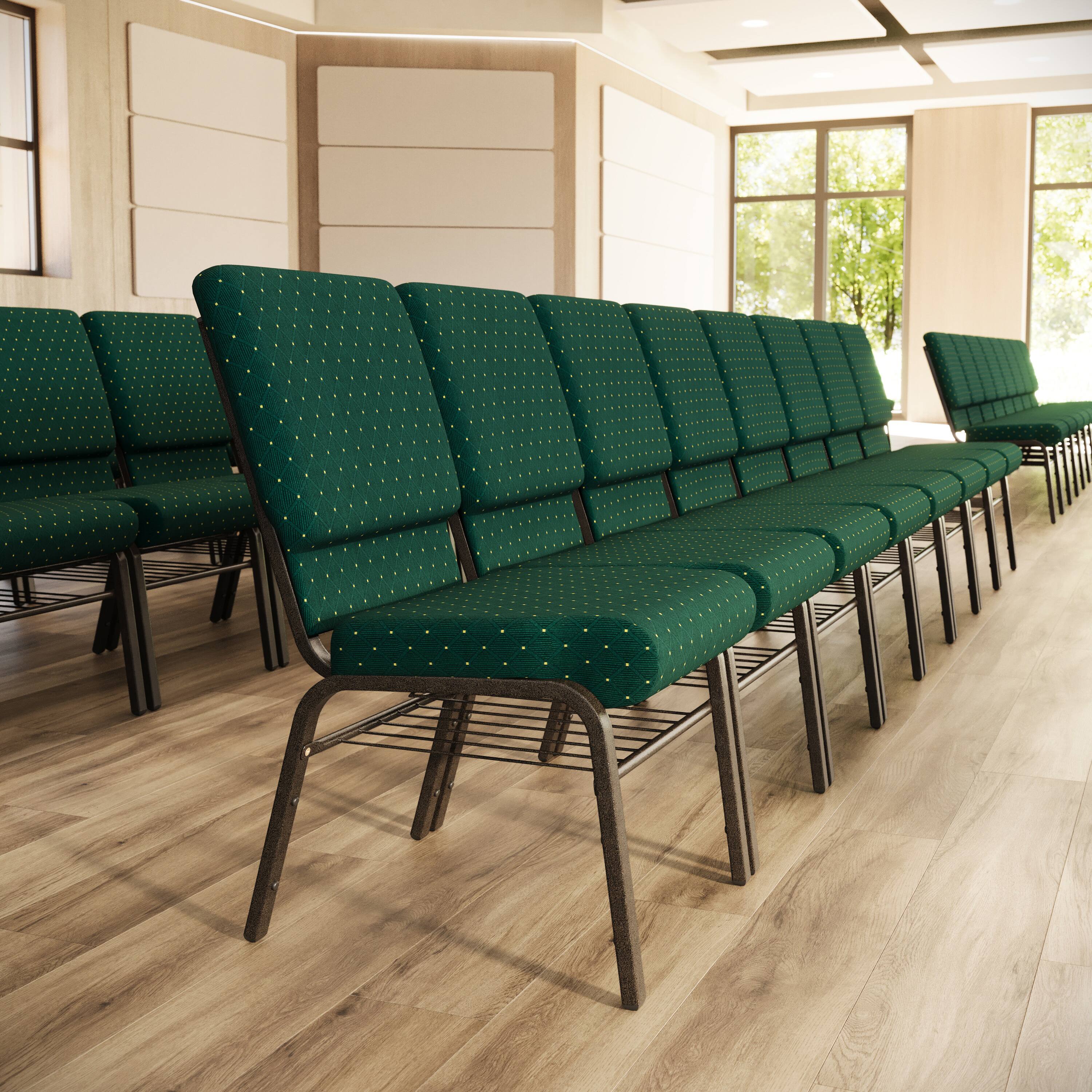 Alt View 1. Emma + Oliver - 18.5"W Church/Reception Guest Chair with Book Rack - Green Patterned Fabric/Gold Vein Frame.