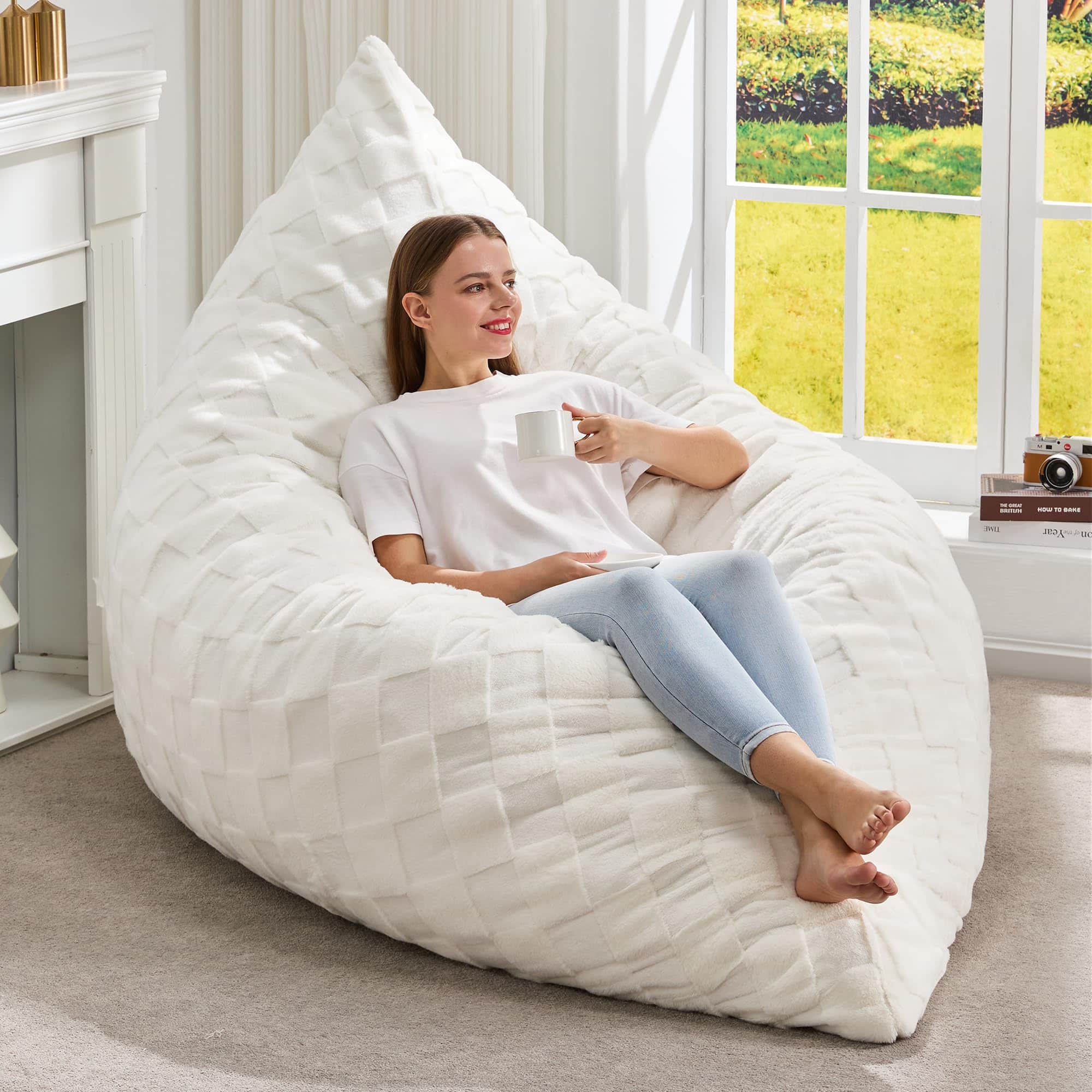 JETRANSPORT - 3 In 1 Bean Bag Chair Giant Chairs Convertible Floor Cushion With Machine Washable Cover Beanbag For - Plaid White