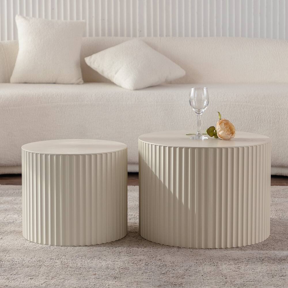 Left. Loheer - Loheer Beige Nesting Coffee Table Set of 2 Modern Drum Side Table Wave Stripe Round End Table for Living Room - Beige.