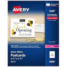 AVERY
Meets U.S. Postal Regulations 5689
Free Easy-to-Use Avery Templates
avery.com/templates
Please join us for our Grand Opening
Saturday, July 10, 10 a.m. to 5 p.m.
200 cards • Heavyweight • 80lb cover • 216 g/m2
Matte White Postcards
4 1/4" x 5 1/2"
Micro perforated for easy separation
Laser
5689
