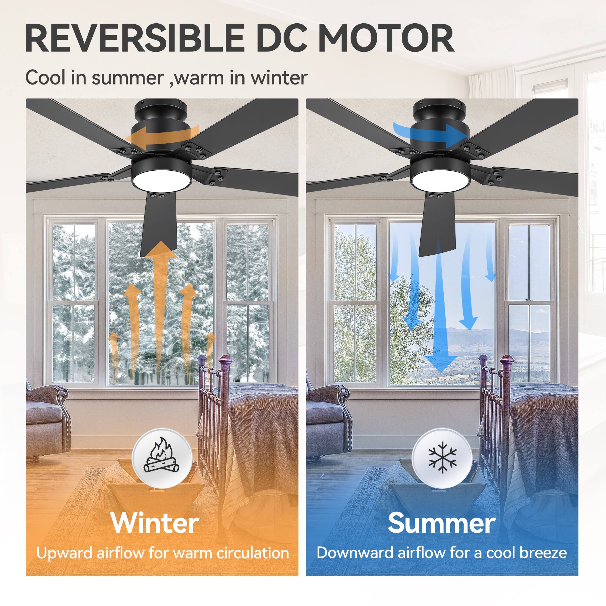 REVERSIBLE DC MOTOR  
Cool in summer, warm in winter  

Winter  
Upward airflow for warm circulation  

Summer  
Downward airflow for a cool breeze