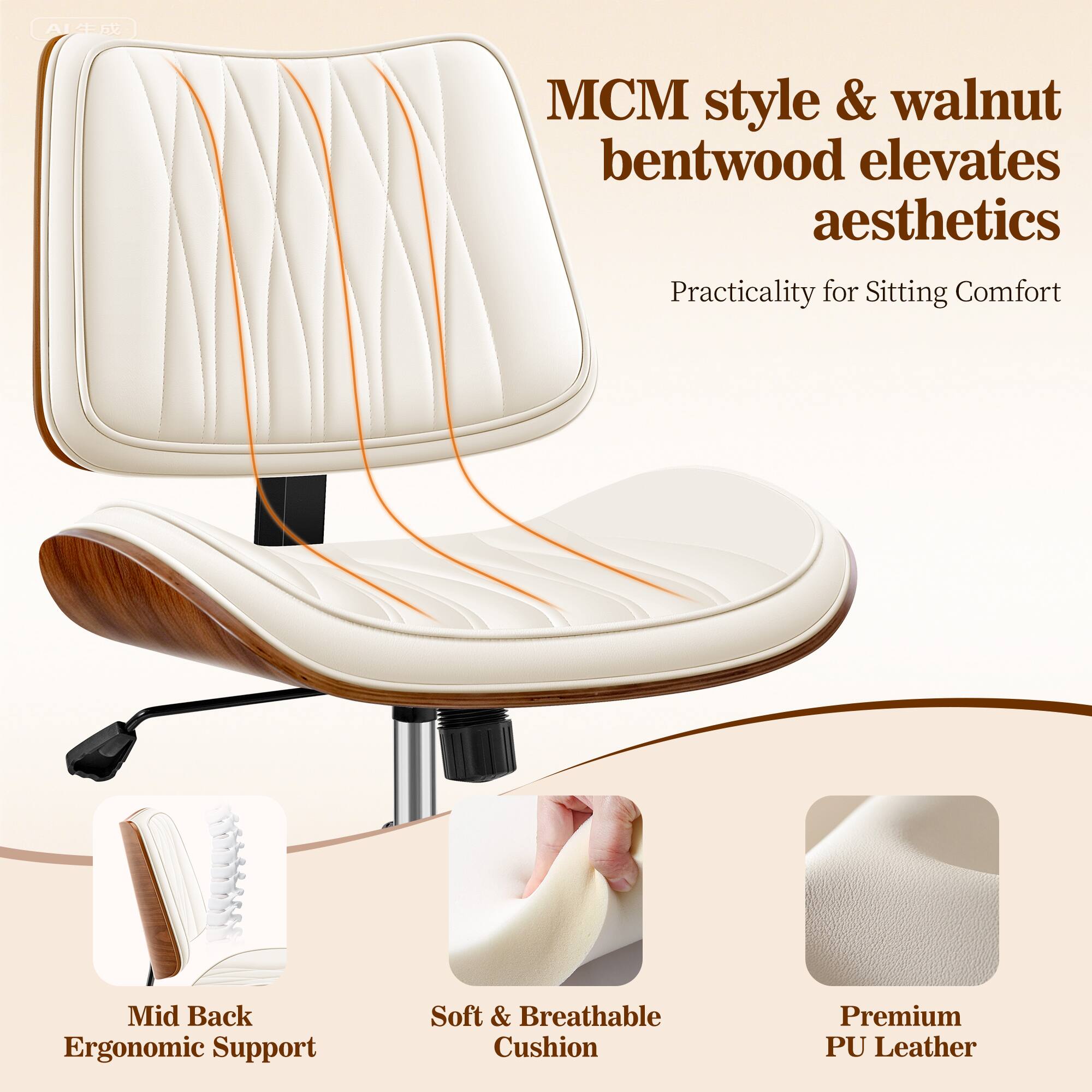 MCM style & walnut bentwood elevates aesthetics  
Practicality for Sitting Comfort  

Mid Back Ergonomic Support  
Soft & Breathable Cushion  
Premium PU Leather
