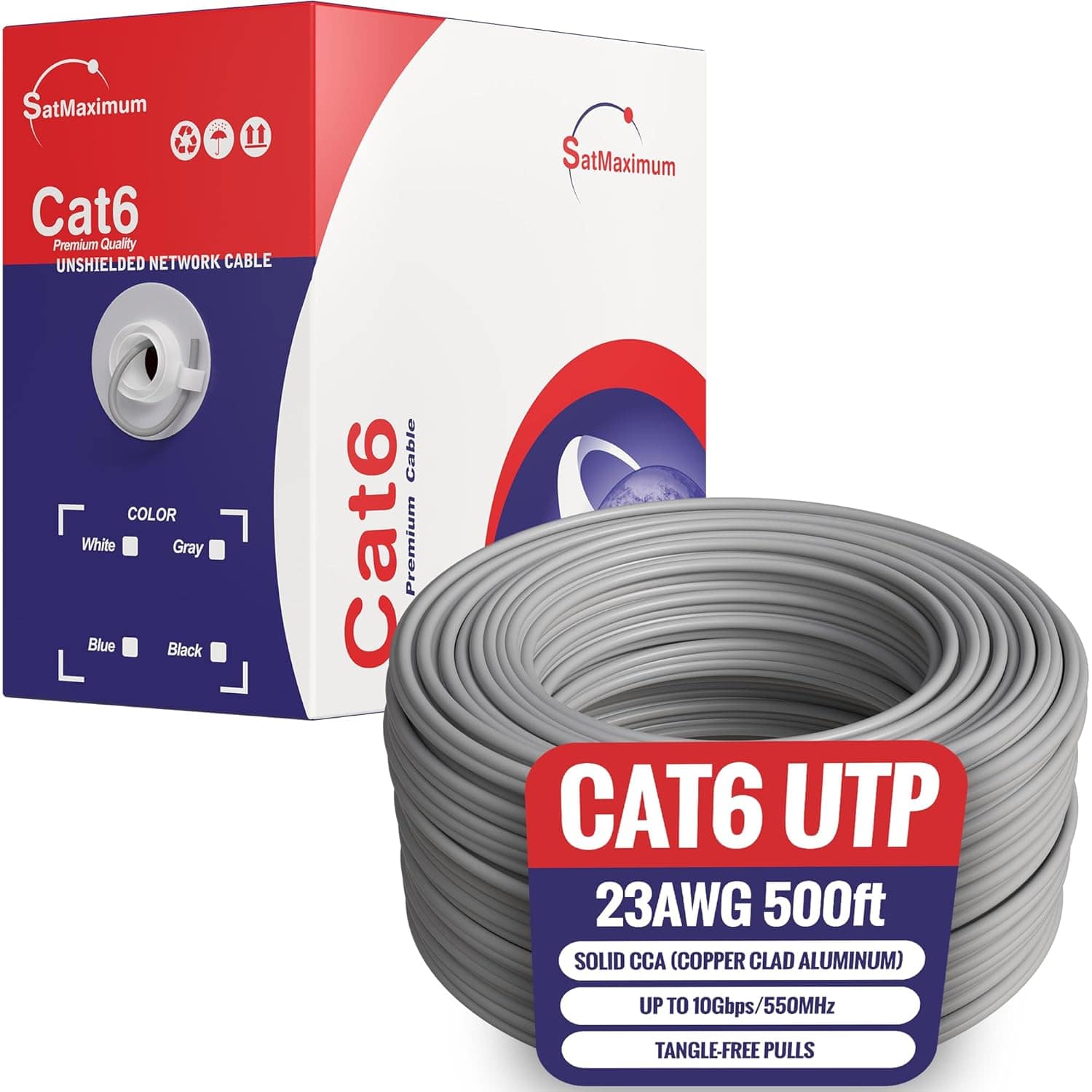 Cables Direct Online - CAT6 Cable 500ft Pull Box Solid Ethernet LAN UTP Cable 23AWG 550Mhz Network CCA Copper Clad Aluminum Wire Bulk Gray