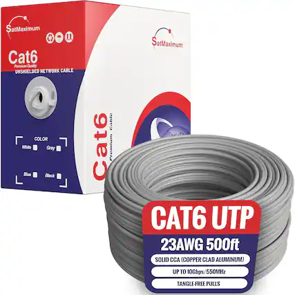 SatMaximum Cat6 Premium Quality UNSHIELDED NETWORK CABLE
COLOR: White, Gray, Blue, Black
Cat6 Premium CAT6 UTP 23AWG 500ft
SOLID CCA (COPPER CLAD ALUMINUM)
UP TO 10Gbps/550MHz
TANGLE-FREE PULLS
