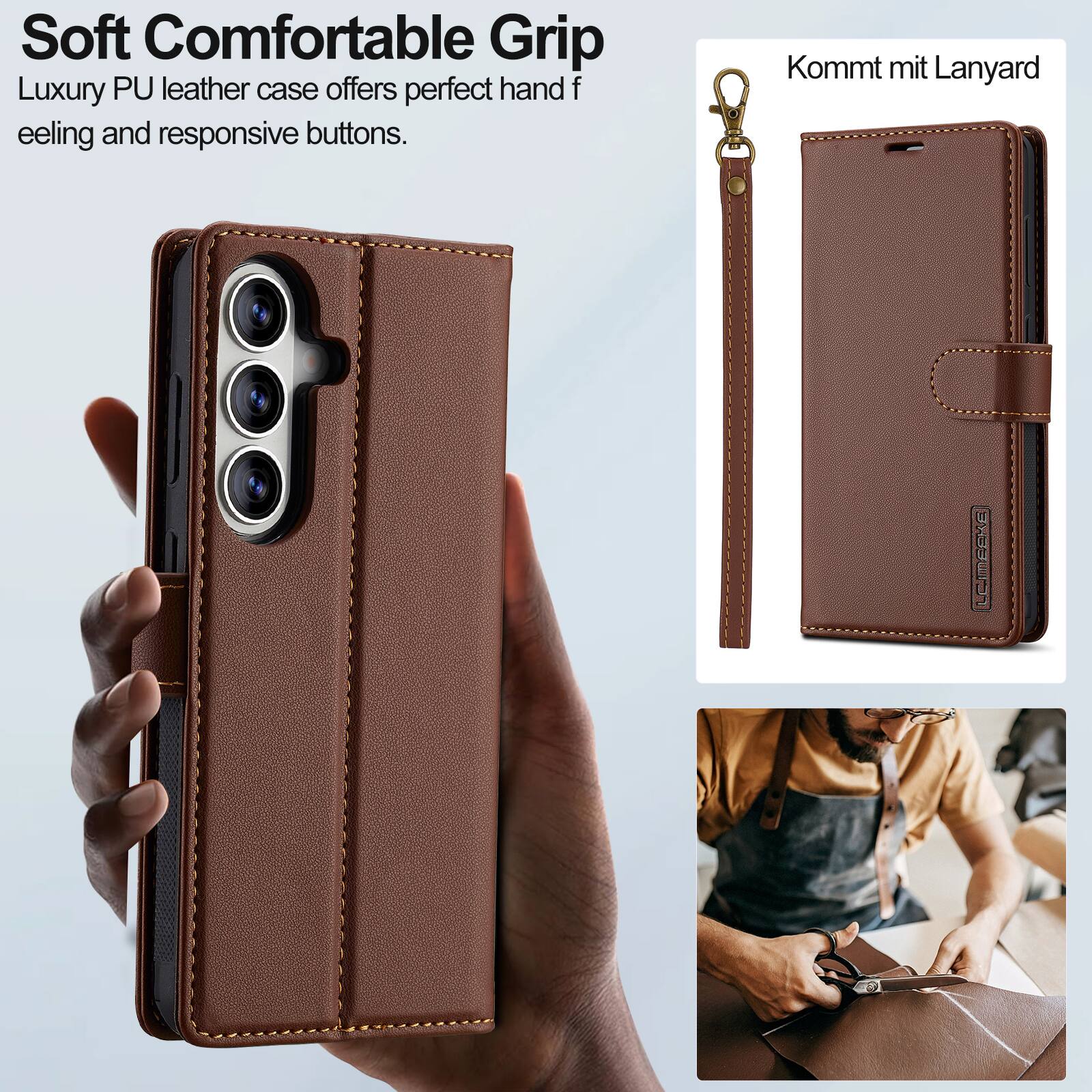 Soft Comfortable Grip  
Luxury PU leather case offers perfect hand feeling and responsive buttons.  
Kommt mit Lanyard