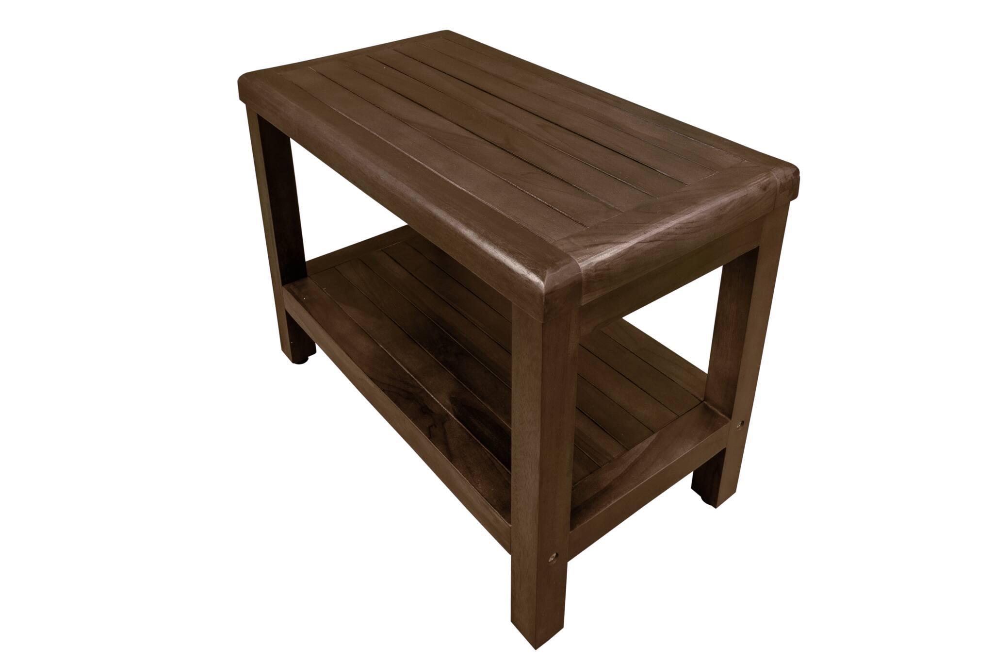 Angle. DecoTeak - DecoTeak Eleganto 24" Teak Wood Shower Bench with Shelf in Woodland Brown Finish - Woodland Brown.