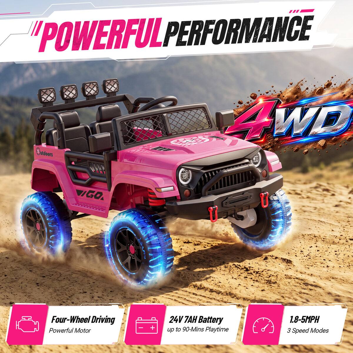 "POWERFUL PERFORMANCE 4WD outdoors
VIGO
Four-Wheel Driving Powerful Motor

+
24V 7AH Battery up to 90-Mins Playtime
1.8-5MPH 3 Speed Modes"