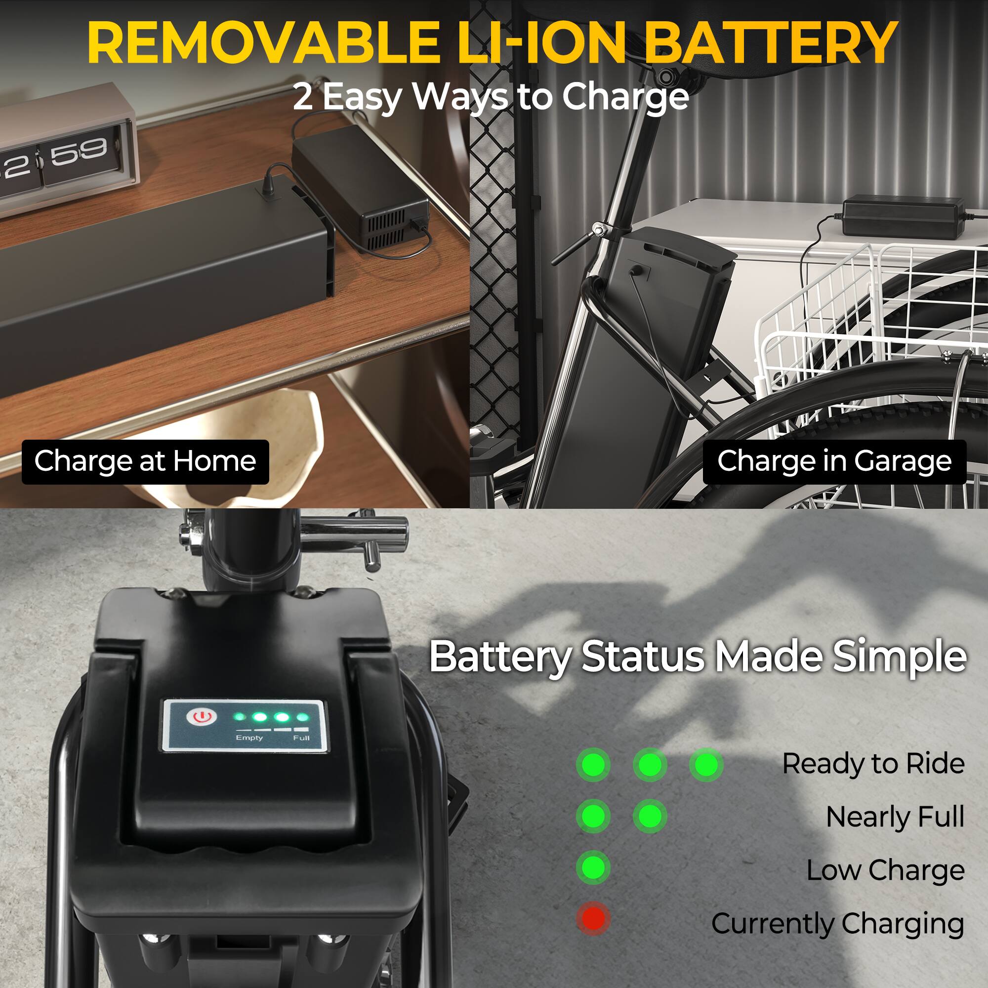 REMOVABLE LI-ION BATTERY  
2 Easy Ways to Charge  
Charge at Home  
Charge in Garage  

Battery Status Made Simple  
Ready to Ride  
Nearly Full  
Low Charge  
Currently Charging